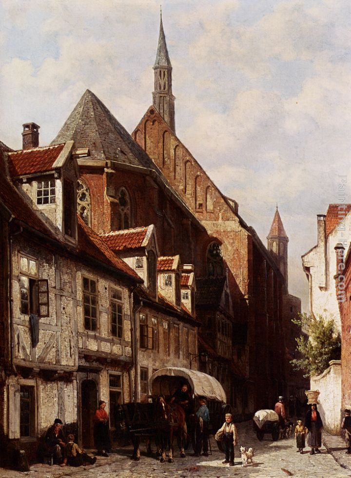 A Busy Street In Bremen With The Saint Johann Church In The Background painting - Cornelis Springer A Busy Street In Bremen With The Saint Johann Church In The Background art painting